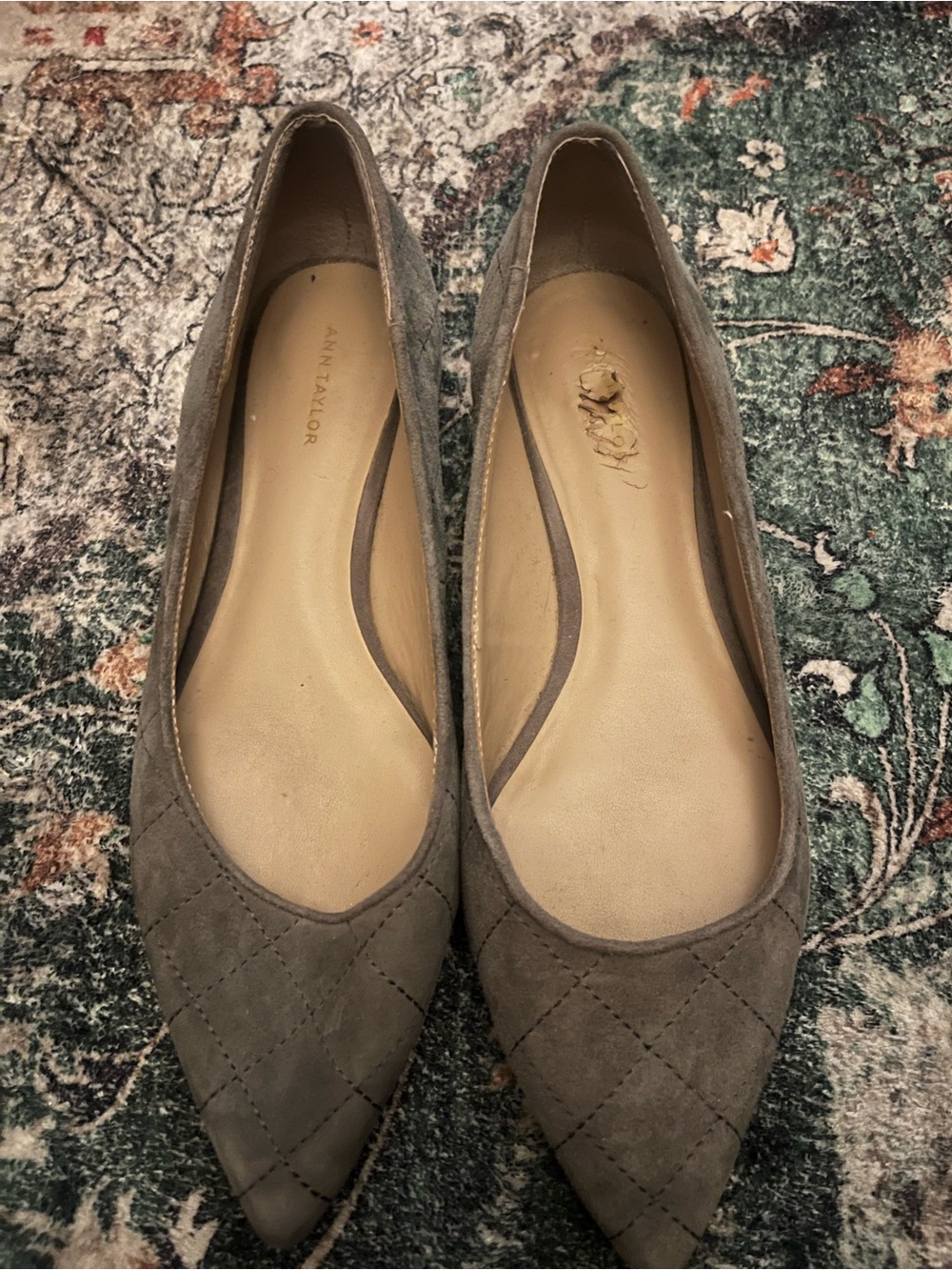 Ann Taylor Quilted Pointed-Toe Suede Flats in Taupe Gray